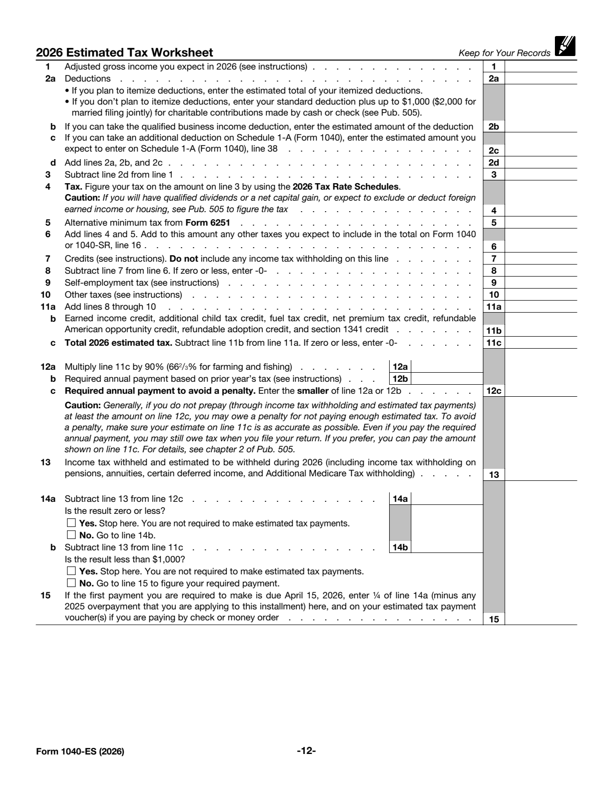 2026 Form 1040-ES Page 12 Preview
