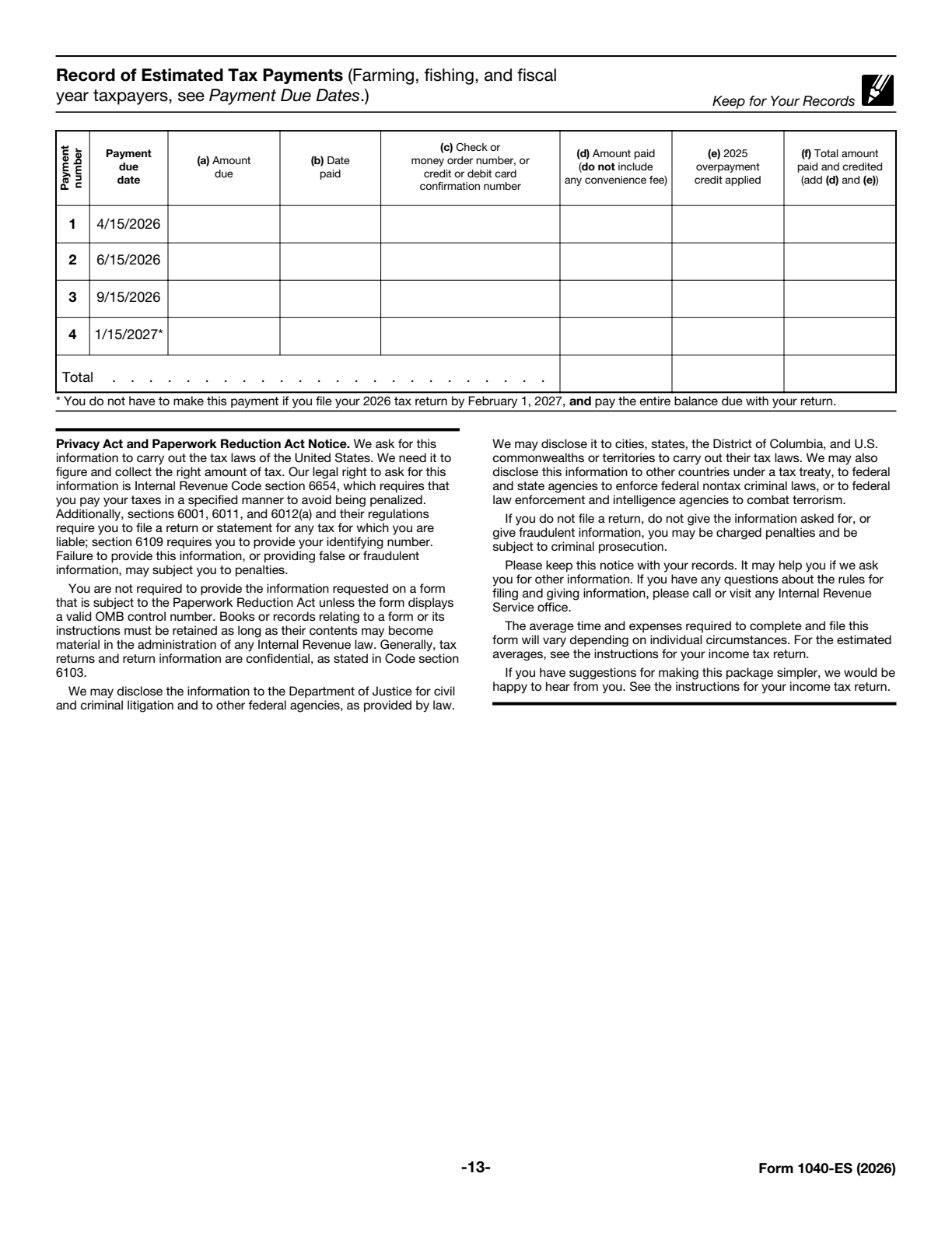 2026 Form 1040-ES Page 13 Preview