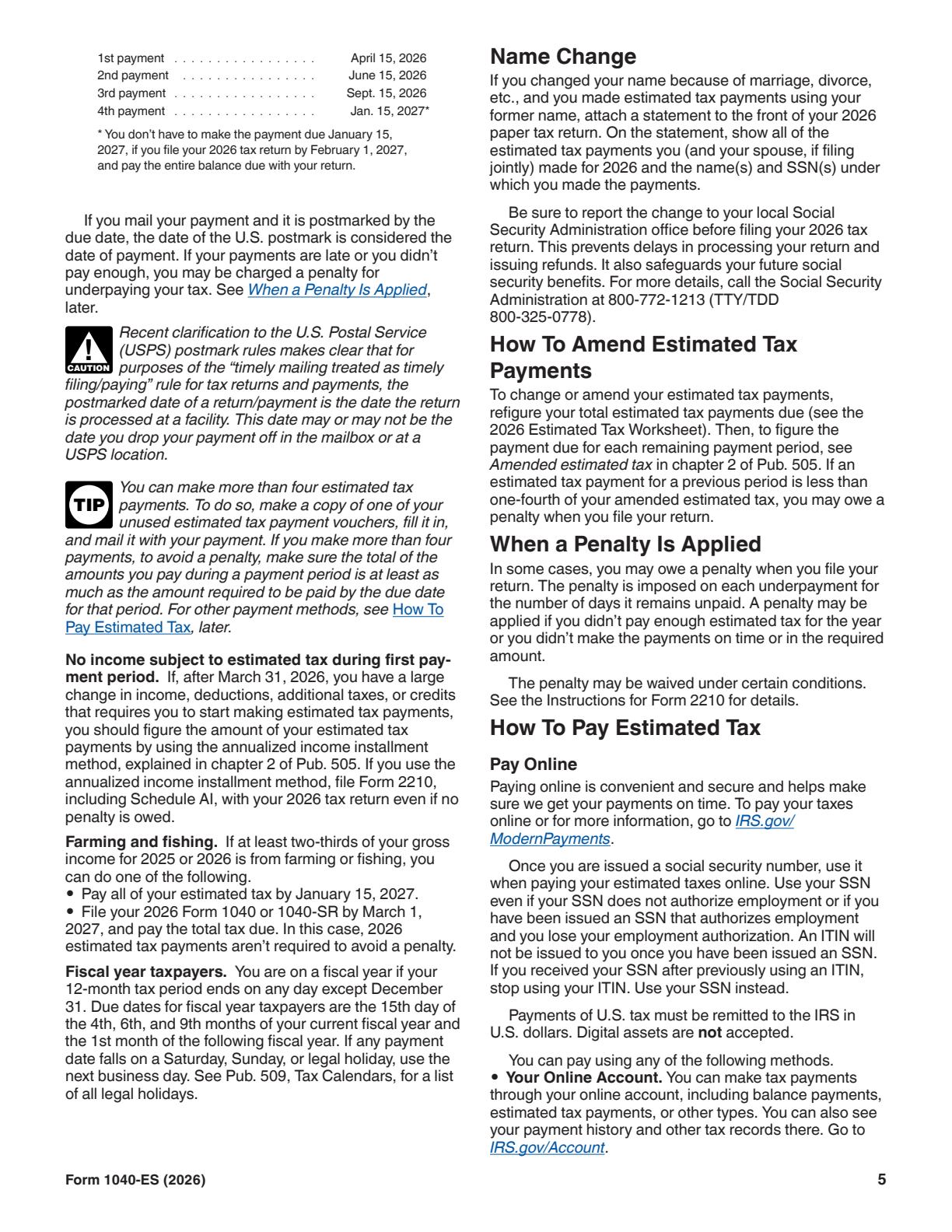 2026 Form 1040-ES Page 5 Preview