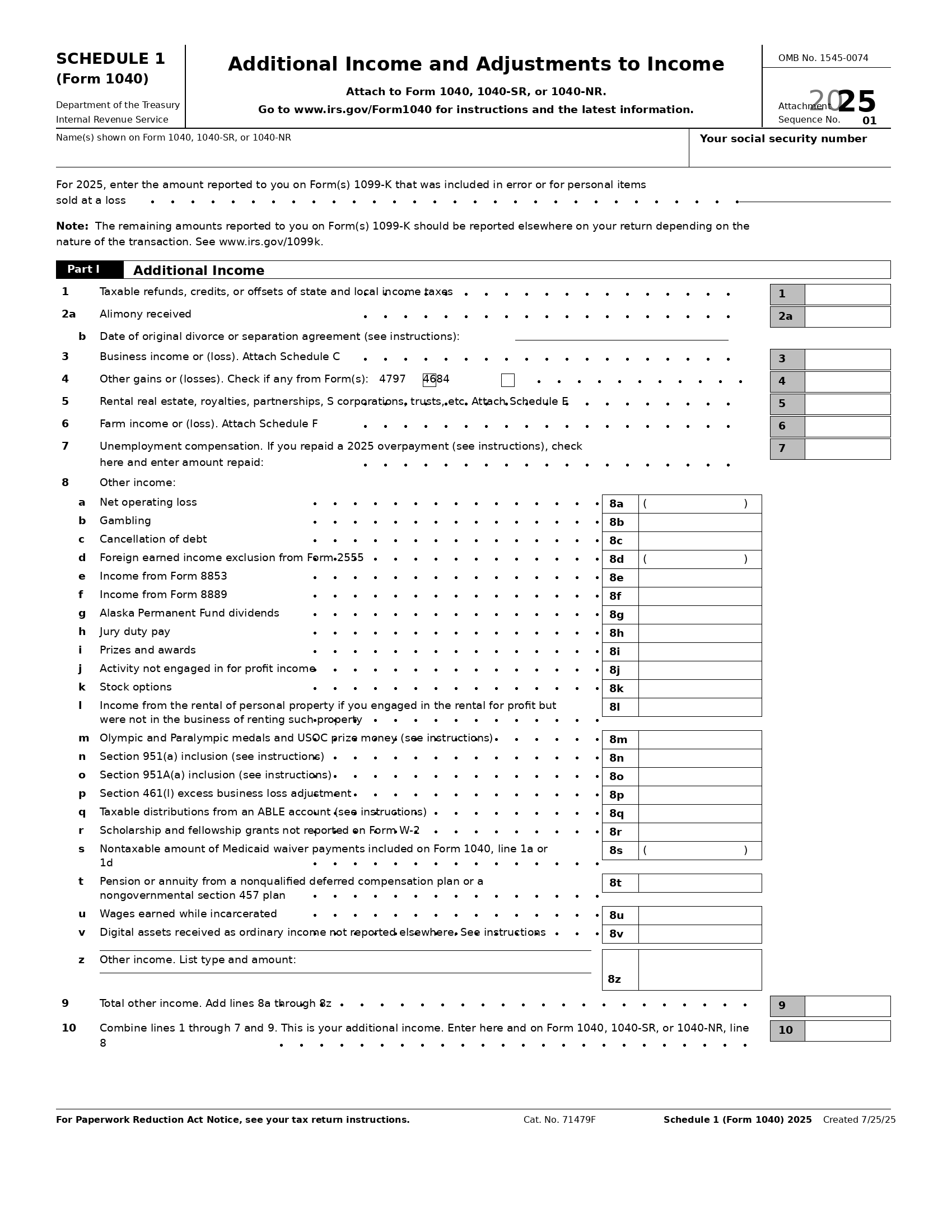 1040 Schedule 1 Form Page 1 Preview
