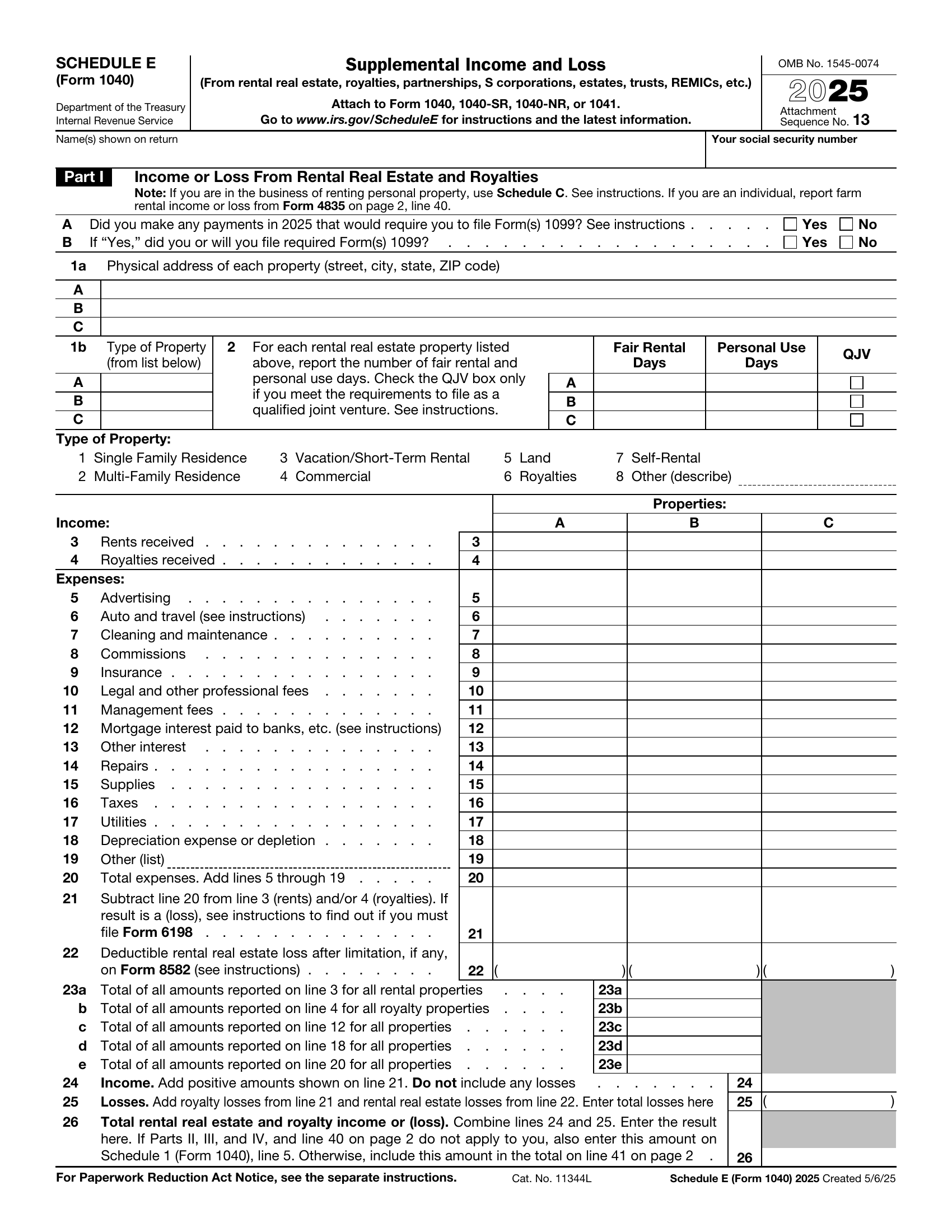 1040 Schedule E Form Page 1 Preview