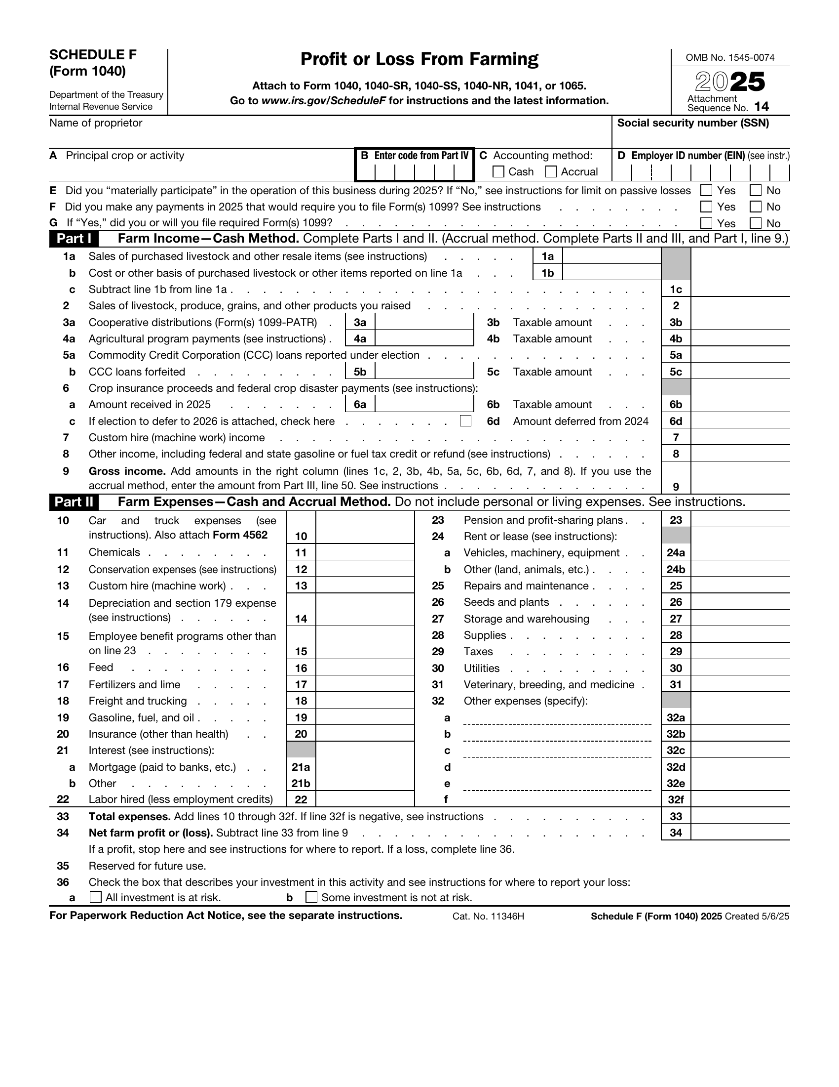 1040 Schedule F Form Page 1 Preview