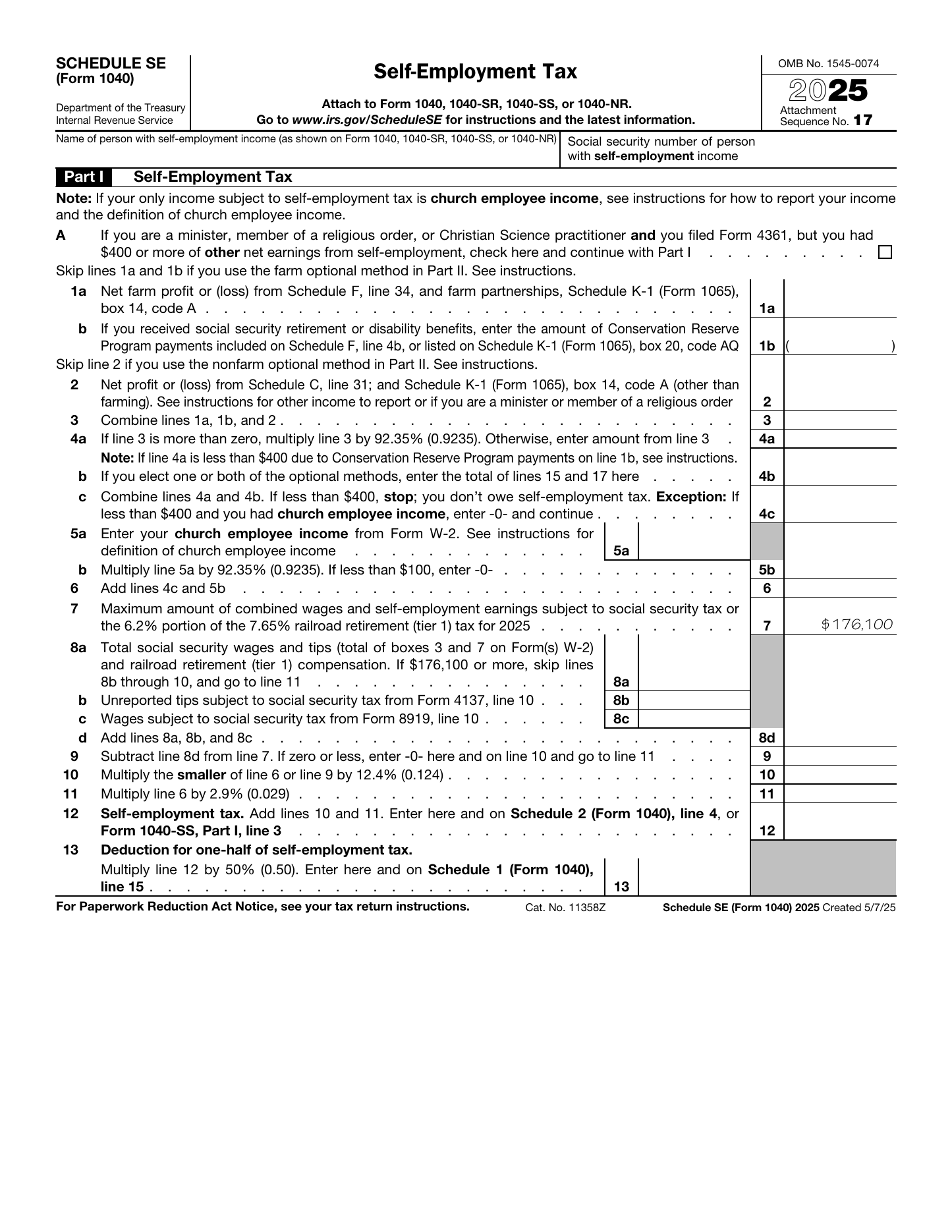 1040 Schedule SE Form Page 1 Preview