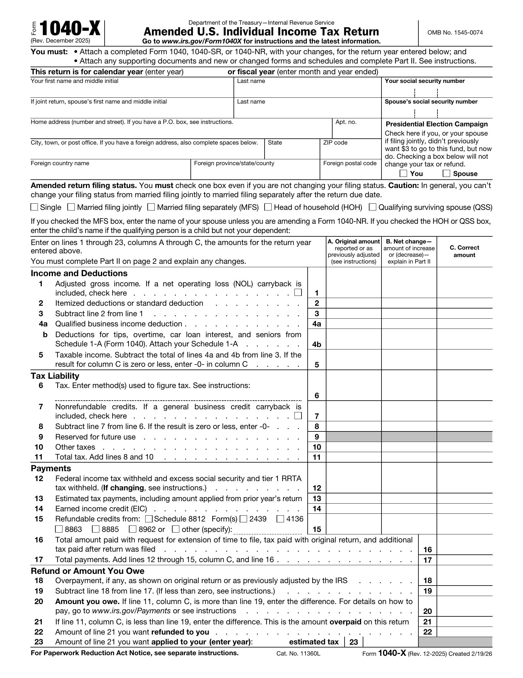 Form 1040-X Page 1 Preview