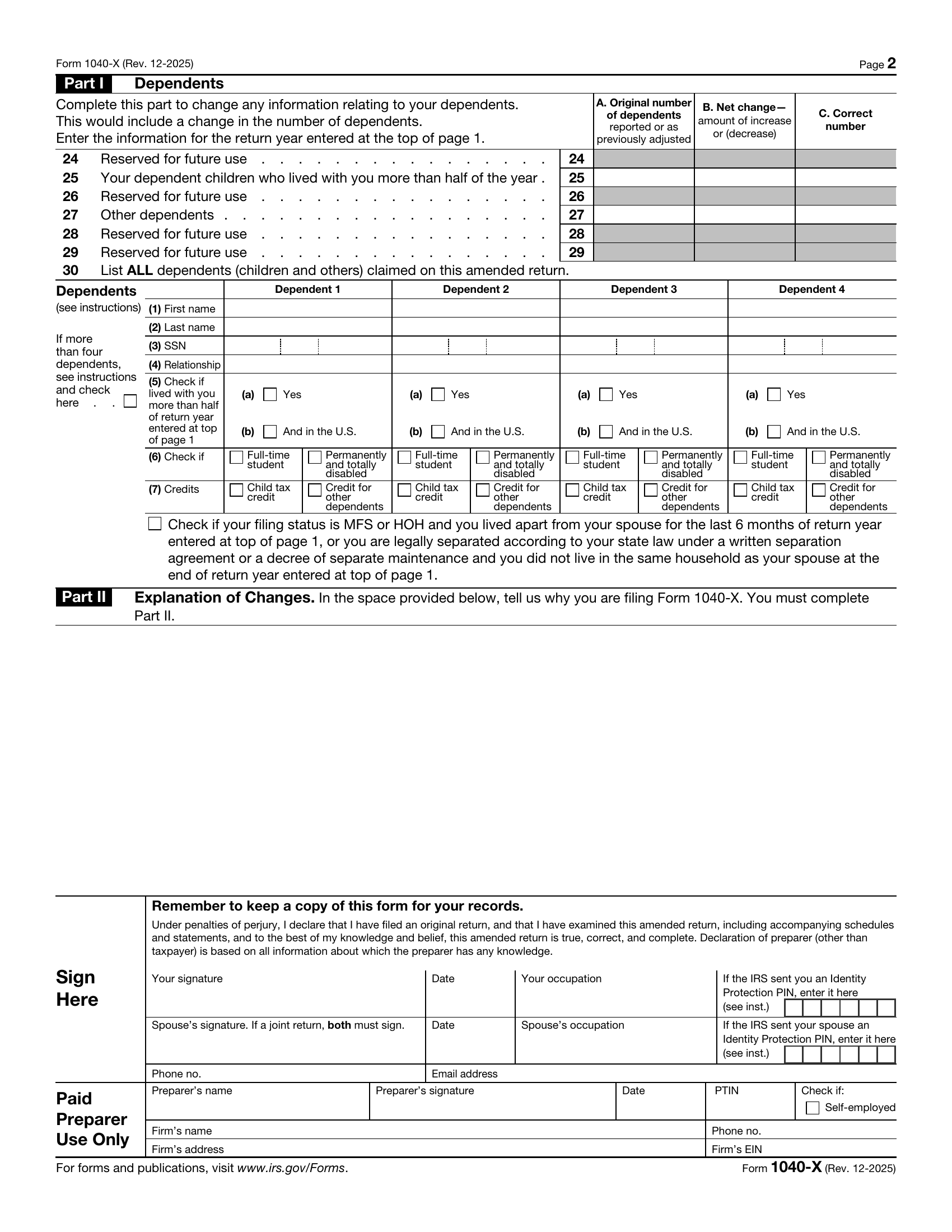 Form 1040-X Page 2 Preview