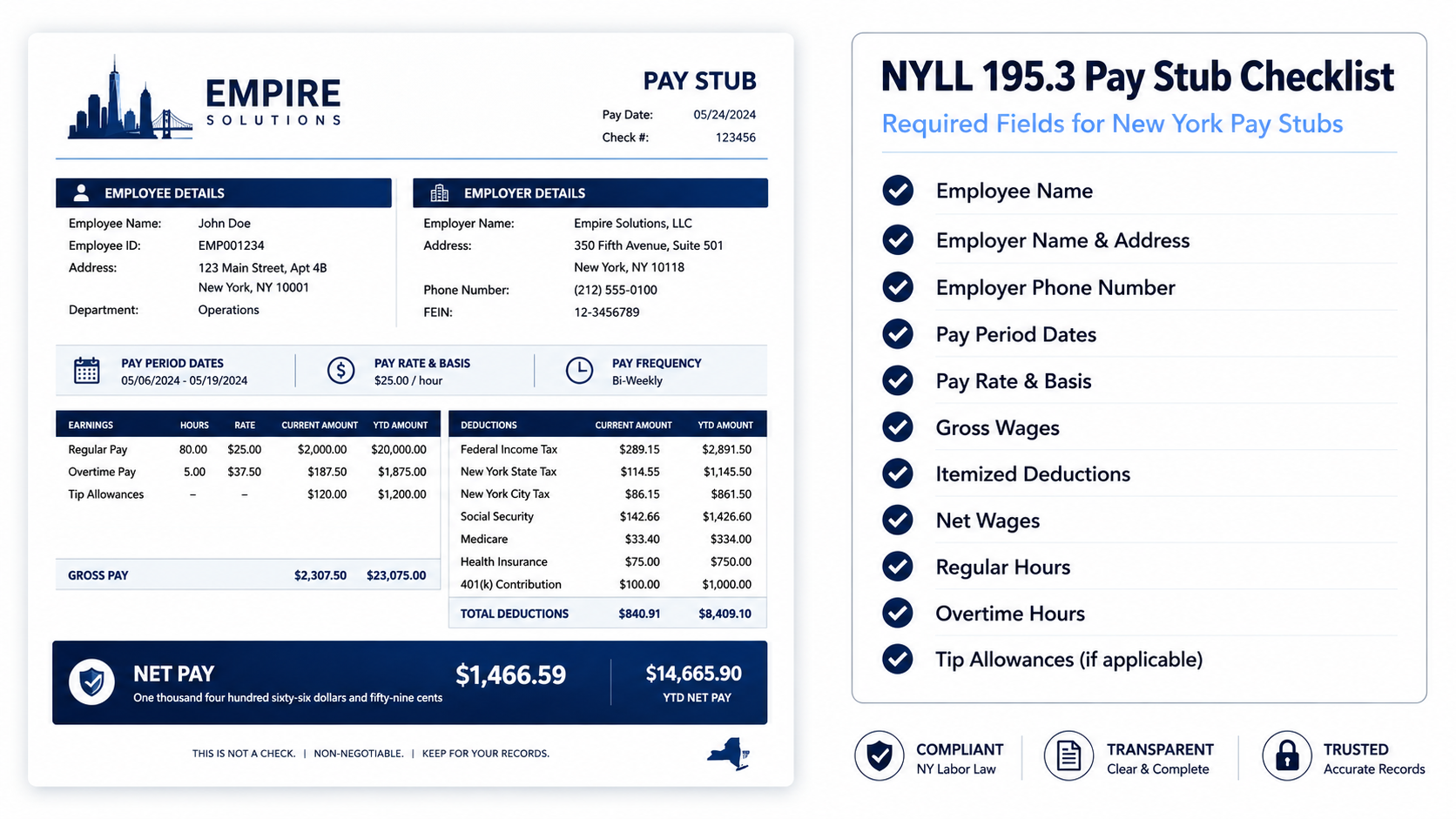 New York paystub sample with required fields