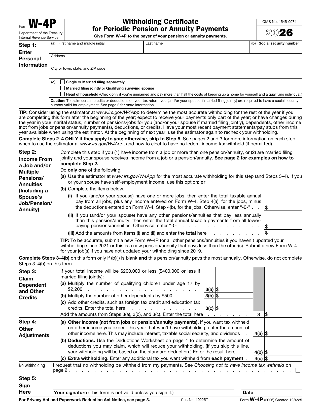 IRS Form W-4P page 1