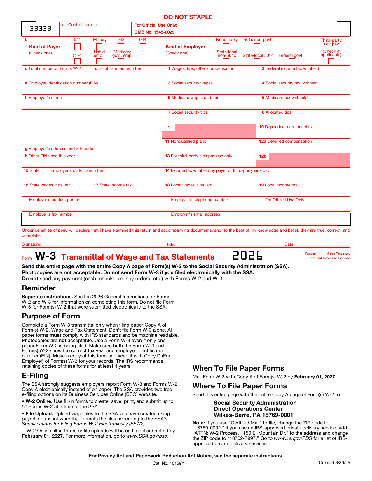 Blank IRS 2026 Form W-3